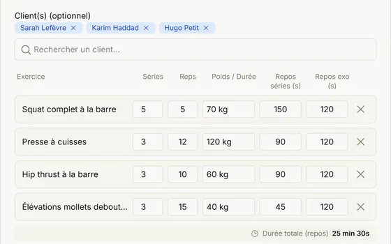 Éditeur de module d'entraînement dans I Train With You avec quatre exercices (données de démonstration)