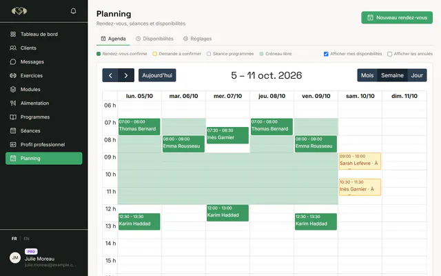 Agenda de la semaine d'un coach dans le tableau de bord I Train With You (données de démonstration)